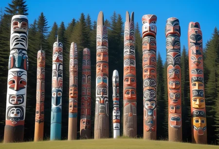 a photograph from the ground, pointing up of beautifully decorated, intricately carved, beautifully painted, wooden totem poles, native American art, with various totem animals, hares, bears, eagles, and other native american animals, stands on a beautiful natural background with land, water, sky and nature present, a realistic, breathtaking tall, wooden totem, nature, natural, absurdres, breathtaking, OverallDetailX, pop Tlingit totem pole, Archi Sculpture Photography