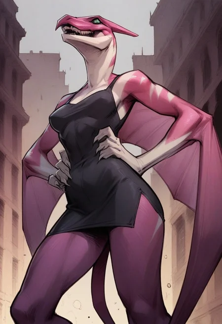 score_9_up, score_8_up, score_7_up, score_6_up, 1girl, solo, PMPR, furry female, pterodactyl, multicolored skin, pink skin, claws, sharp teeth, wings, green eyes, colored sclera, tail, (painted art), (tight black dress), medium breasts, (standing on a rooftop), hands on hips