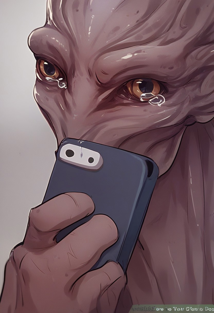 score_9, score_8_up, score_7_up, score_6_up, score_5_up, score_4_up, 1boy, alien, skinny, thin, large head, holding cellphone, crying, upper body, taking selfie