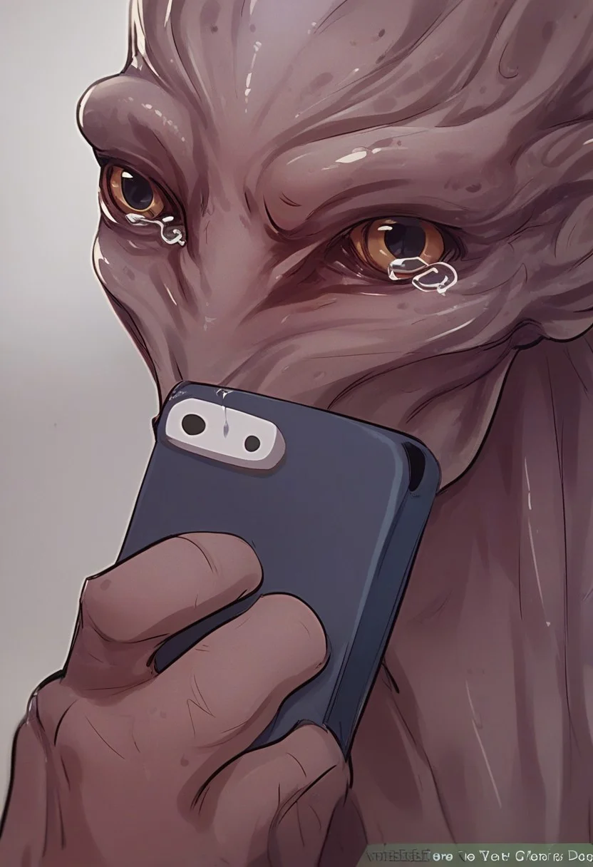 score_9, score_8_up, score_7_up, score_6_up, score_5_up, score_4_up, 1boy, alien, skinny, thin, large head, holding cellphone, crying, upper body, taking selfie