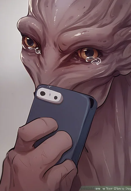 score_9, score_8_up, score_7_up, score_6_up, score_5_up, score_4_up, 1boy, alien, skinny, thin, large head, holding cellphone, crying, upper body, taking selfie