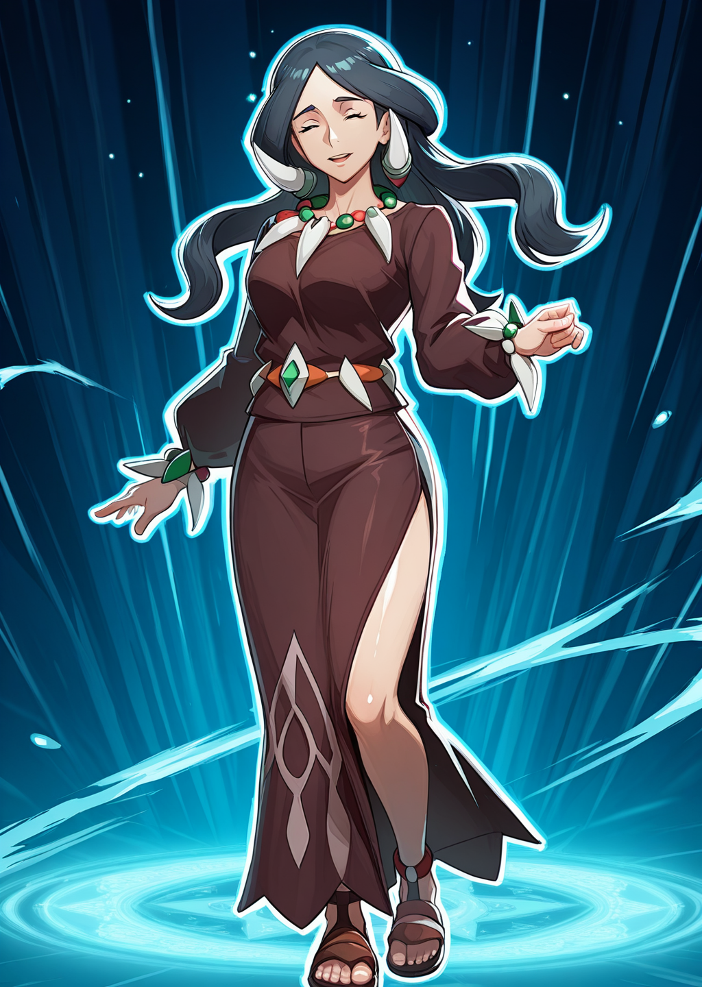 score_9, score_8_up, score_7_up, score_6_up, score_5_up, score_4_up, masterpiece,  detailed, high quality, BREAK, full body, 1girl, shiny skin,    <lora:Drasna (Pokemon X&Y) [Illustrious]:0.8> long hair, black hair, necklace, drasna (pokemon), drasna, eyes closed, hairpiece, closed eyes, mature female,  <lora:Marvel_Ilu:0.8> marvelrivals