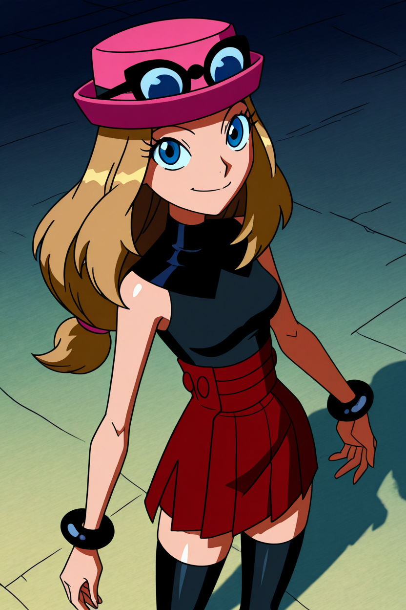 masterpiece, best quality, 1girl, solo, beautiful eyes, zzSerena, solo, long hair, blue eyes, eyewear on headwear, pink headwear, eyelashes, sleeveless shirt, black shirt, bracelet, high-waist skirt, red skirt, black thighhighs,  <lora:SerenaPokemonIXL_v2:1.0>,   <lora:TTitansStyleIXL:1.0>, from above, dynamic pose, cowboy shot, smile, looking at viewer, shiny skin,
