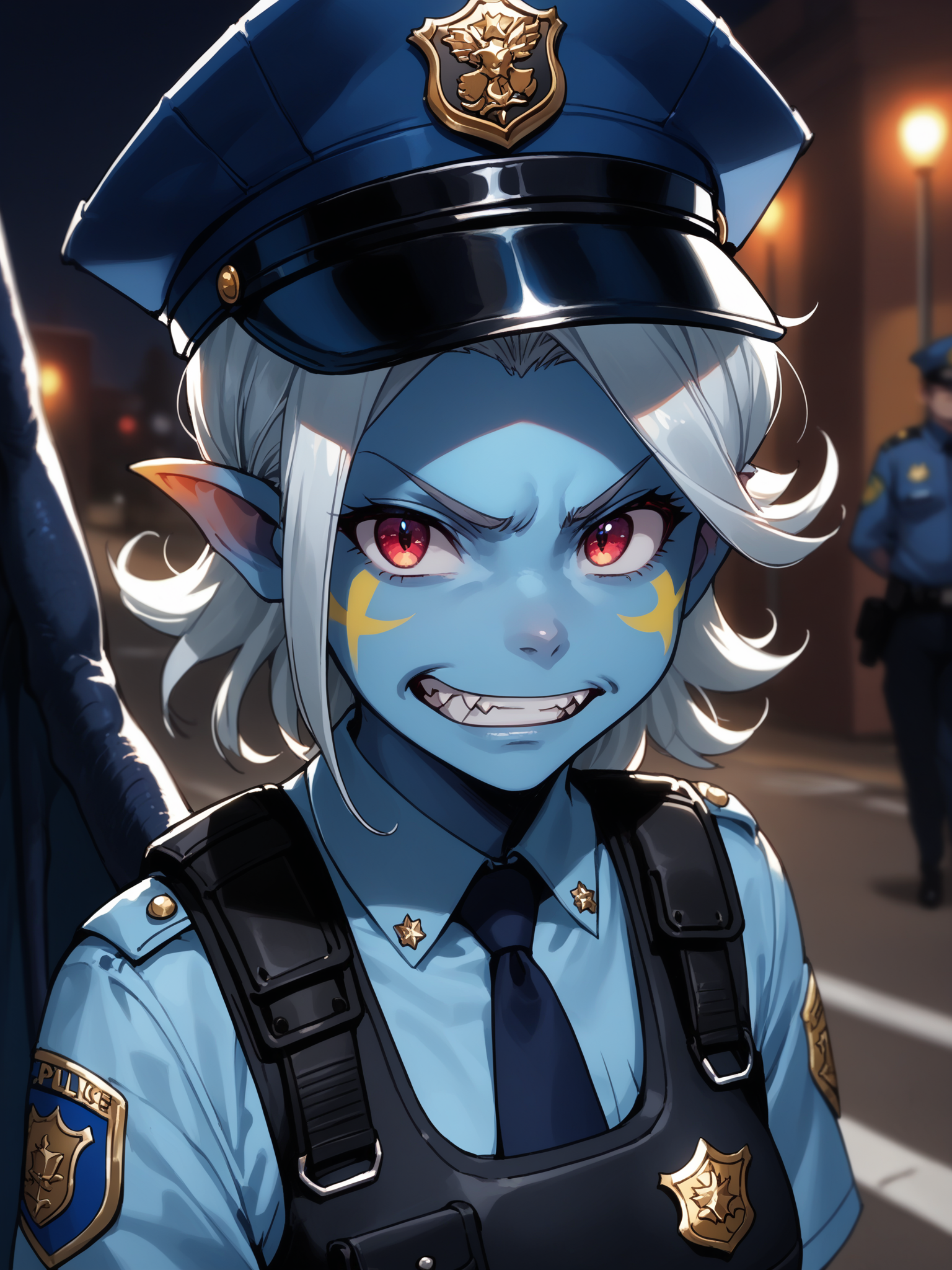 (upper body, solo focus:1.2) <lora:happy_tentacle-giselle-v0.2:1>, ht_giselle, 1girl, colored skin, blue skin, dragon wings, dragon tail, fangs (petite:1.2), <lora:Shed_The_Skin's StS_age_slider_v1_initial_release:-1> ( :1.1) (sagging breasts:1.2) ( , , (annoyed :1.2) , grin , (looking at viewer:0.6) :1.2) outdoors, vegetation, ( :1.1), autumn , (night, night sky :0.6), , ((sidelighting:0.5), (light rays, light particles:0.5) :0.5), (people:1.2) , ( :0.9), police car, police, policewoman, (police uniform:1.2) (( from above :1) :0.8) score_9, score_8_up, score_7_up, score_6_up, score_5_up, score_4_up, ( [(realistic, photorealistic:1.3):(realistic:1.2):16] [(3d:1.2)::14] :1) <lora:LUUNA's Lunas-NijiJourney-SDXL-B2:0.35>, nijijourney <lora:prgfrg23's Counterfeit-V3.0 Style SDXL_LoRA_Pony Diffusion V6 XL:0.6> <lora:mfcg's mfcgXL:0.12> <lora:reweik's gyokai(himehajime)_PonyXL_style_v01:0.14>