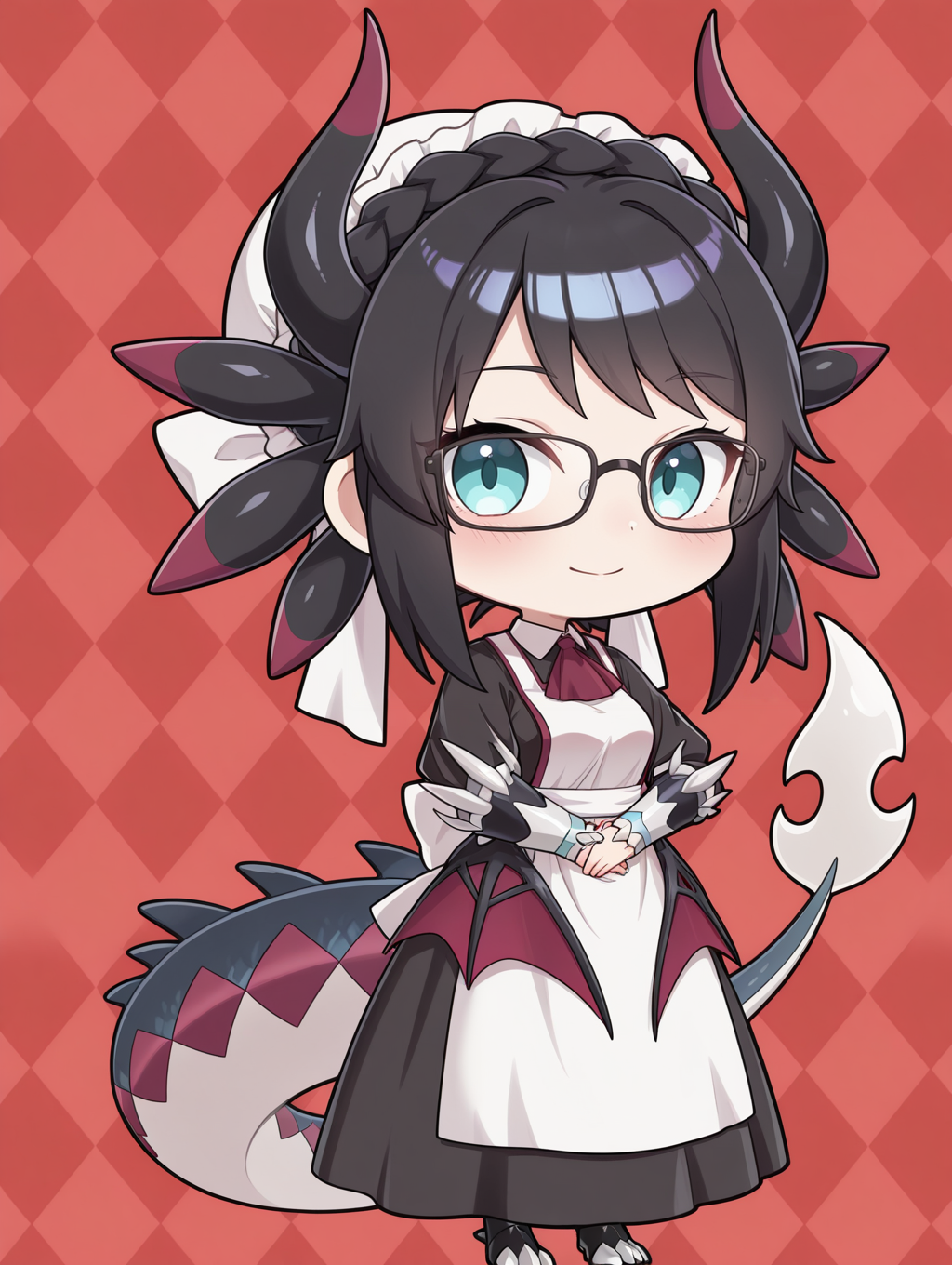 chibi, dragon girl, house dragonmaid, 1girl, solo, black under-rim eyewear, smile, closed mouth, full body, looking at viewer, argyle background, own hands together, crown braid, blush, standing, red ascot, black maid dress, low dragon wings, silver vambraces, white mob cap, black claw boots,
masterpiece,best quality,amazing quality,very aesthetic,absurdres,newest,<lora:House dragonmaid illuXL v1:0.75>,