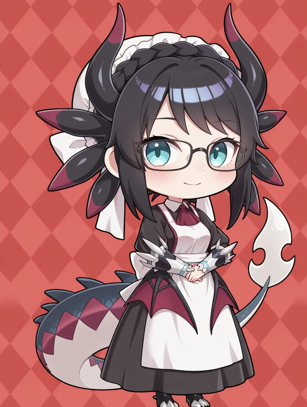 chibi, dragon girl, house dragonmaid, 1girl, solo, black under-rim eyewear, smile, closed mouth, full body, looking at viewer, argyle background, own hands together, crown braid, blush, standing, red ascot, black maid dress, low dragon wings, silver vambraces, white mob cap, black claw boots,
masterpiece,best quality,amazing quality,very aesthetic,absurdres,newest,<lora:House dragonmaid illuXL v1:0.75>,