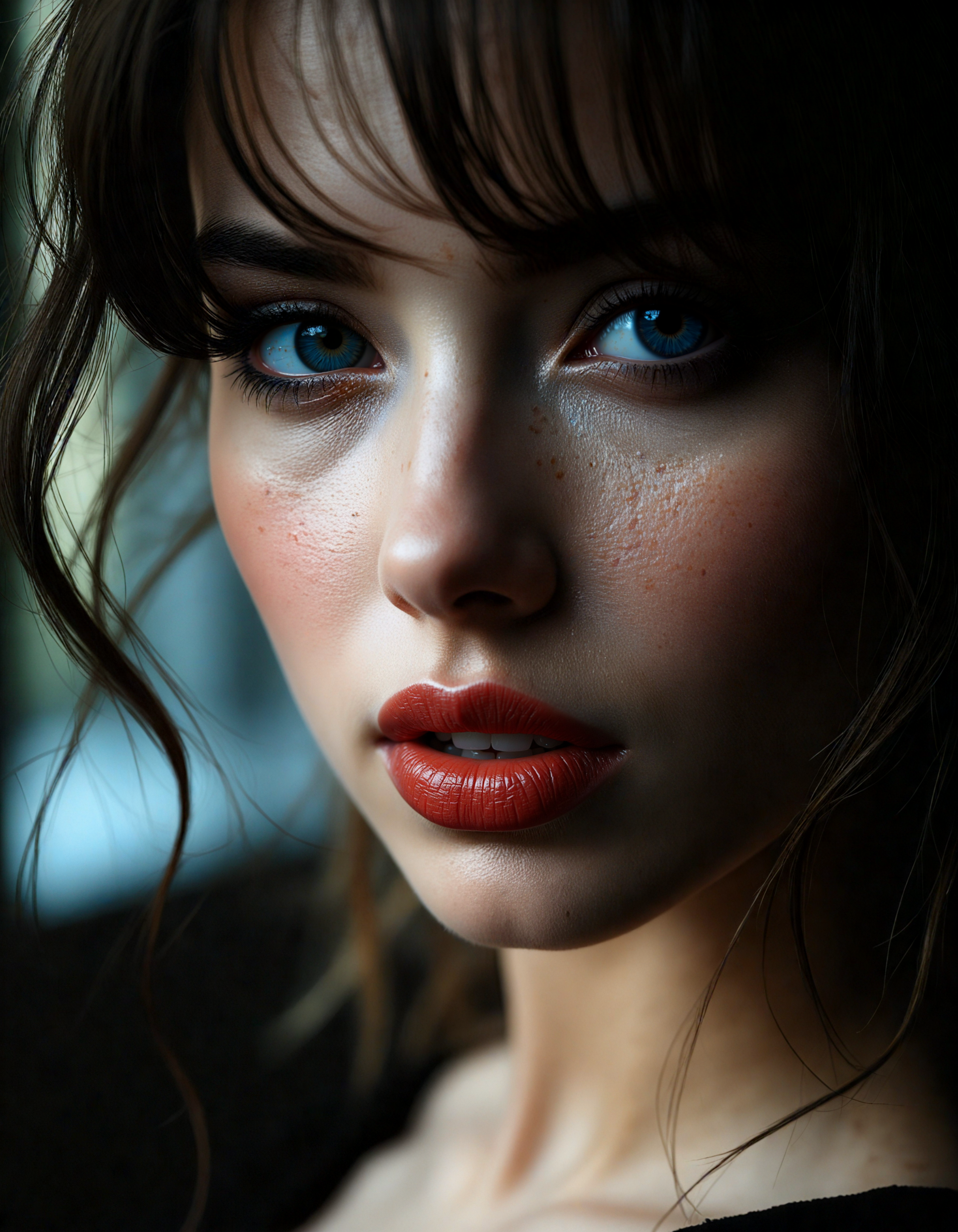 gourmet food photo of hyperrealistic art (dark mood masterpiece Photography:1.2), portrait of a mysterious woman with blue eyes and bold eyeliner, she has sensuous lips, looking seductively, naughty, shy smirking. The extreme realism focuses on her detailed skin, showing fine textures and natural highlights. photography masterpiece, modern, irresistible beauty, fuzzy lighting, dark mood, unusual composition, use of negative space, (rule of thirds composition), simmetry , mysteriouse, emotional, flirting, (fine erotic content:0.65), groundbreaking unrivaled opus with unrivaled details, (Flamingo Pink color scheme), highly detailed, melancholic, low-light hyper detailed photography, catchlights, style by Luis Royo . extremely high-resolution details, photographic, realism pushed to extreme, fine texture, incredibly lifelike, angle from below,top down view,style by Luis Royo,bloom light,City Lights . soft natural lighting, macro details, vibrant colors, fresh ingredients, glistening textures, bokeh background, styled plating, wooden tabletop, garnished, tantalizing, editorial quality<lora:flux\Flux__Semi-realistic_art_style-000004.safetensors:0.45:0.45> <lora:flux\detailed_skin_portraits-000005.safetensors:0.15:0.15> <lora:flux\flux_realism_lora.safetensors:0.45:0.45> <lora:flux\flux_Pro-skin.safetensors:0.2:0.2>, <lora:flux\standard\Eye_Detail_Flux_Lora_-_Inpainting.safetensors:1.0:1.0>
