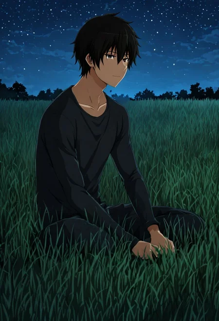 high resolution, solo, best quality, 1Boy, Kanie Seiya, Black Hair, grass, middle night, sky night, beautifull night, OverallDetail