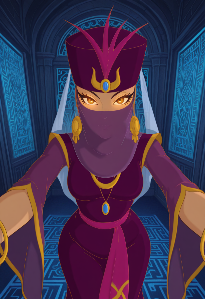 Graphic Design, color art, vibrant colors, colorful, intricate details, high contrast, detailed background, beautiful detailed, beautiful face, detailed eyes, detailed face, new, 1girl, solo, sh4mts4r, brown eyes, makeup, hat, mouth veil, jewelry, purple dress, bedroom eyes, looking at viewer, perspective, dynamic pose, cowboy shot, dancing, glowing eyes, dutch angle, (masterpiece, best quality, newest, recent, absurdres),