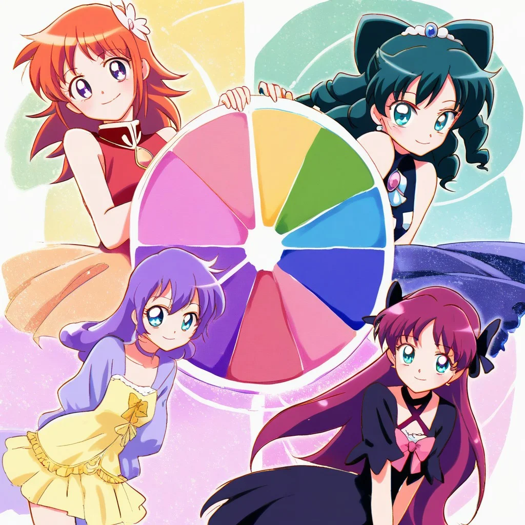 masterpiece, best quality,
source_anime, deep colors,
high quality, high resolution, detailed, highres, highly detailed, intricate details,
mj manga,
(color_wheel_challenge:1.2), multiple girls, magical girls, mahou shoujo,
red hair, pink hair, orange hair, yellow hair, green hair, cyan hair, blue hair, purple hair, violet hair, black hair,
red dress, pink dress, orange dress, yellow dress, green dress, cyan dress, blue dress, purple dress, violet dress, black dress,