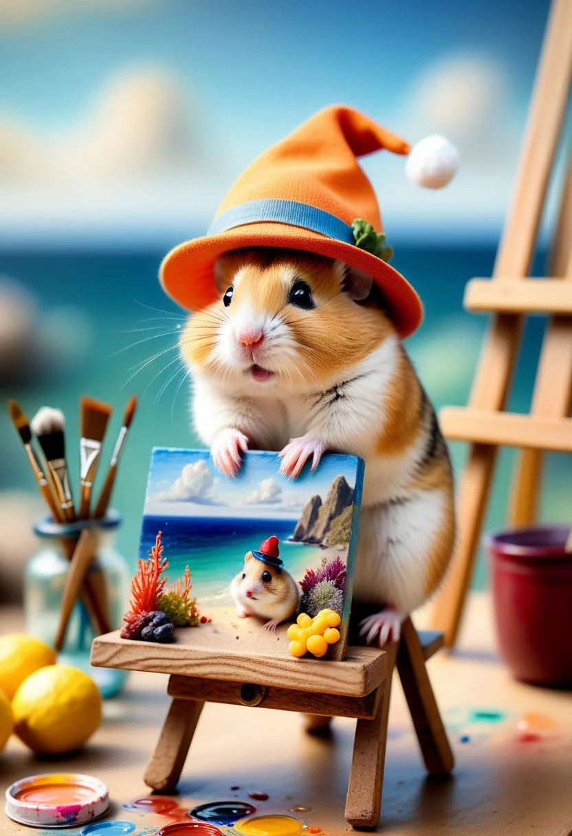 a photo with a tilt shift . selective focus, miniature effect, blurred background, highly detailed, bright, perspective control, a picture with a natural tilt (whimsically artistic), charming additional (fluffy: 1,3) chubby Dzungarian hamster in an adventurer's hat, ((He paints a still life on an easel, brushes, seascape)), magical, macro photography, (charming:1.3), (luminous: 1.2), (huge flora: 1.1), mystical, vivid photography, flickering light, preoccupied, bizarre, disturbing, soft-focus, over-detailed digital art