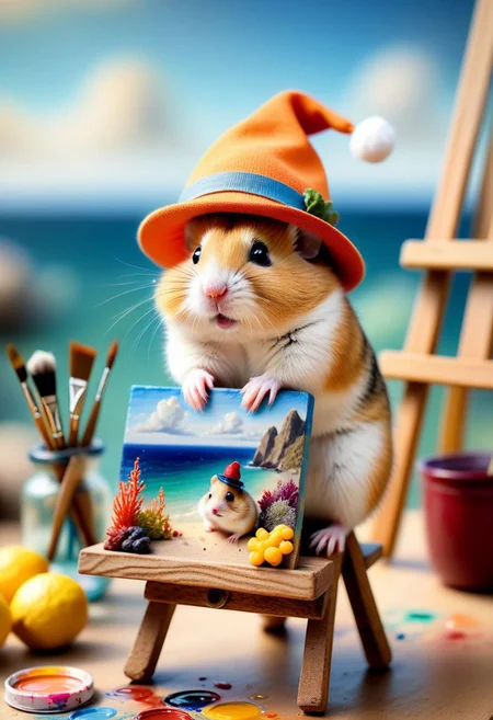 a photo with a tilt shift . selective focus, miniature effect, blurred background, highly detailed, bright, perspective control, a picture with a natural tilt (whimsically artistic), charming additional (fluffy: 1,3) chubby Dzungarian hamster in an adventurer's hat, ((He paints a still life on an easel, brushes, seascape)), magical, macro photography, (charming:1.3), (luminous: 1.2), (huge flora: 1.1), mystical, vivid photography, flickering light, preoccupied, bizarre, disturbing, soft-focus, over-detailed digital art