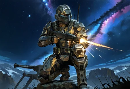 lazypos. 1boy, ((ODST)), armor, fingerless gloves. (((medium brown skin tone))). Helmet. Dog tags necklace. grenades on belt. cuts, damaged armor, blood, BattleDamage. there is purple blood splattered on 1boy's armor.. ((aiming a vkrsmmg medium machine gun weapon)). muzzle flash. He is crouching down on one knee. He is behind cover, a rock. He is looking in the same direction that he is aiming.
(hlrng, horizon, starry sky,
mountainous horizon, scenery,
dark, darkness, night, night sky, starry sky, star \(sky\), nebula, galaxy) sketch.