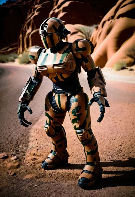 easynegative, extremely detailed, dark, chiaroscuro, low-key, AssaultronCosplay, zavy-strps, ral-camo, a brown assaultron robot, ((the assaultron has tan stripes painted on its armor)), ((tiger stripe pattern)), in the deserts of Arizona