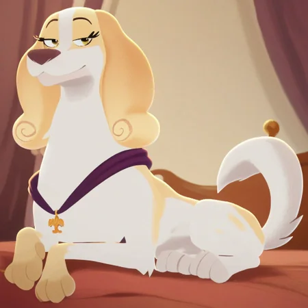 score_9, score_8_up, score_7_up, score_6_up, 1girl, solo, BREAK dianebl, spaniel, feral, full body, yellow eyes, bedroom eyes, smiling, lying, from side, looking at viewer, purple collar, tan fur, white fur, bed, bedroom