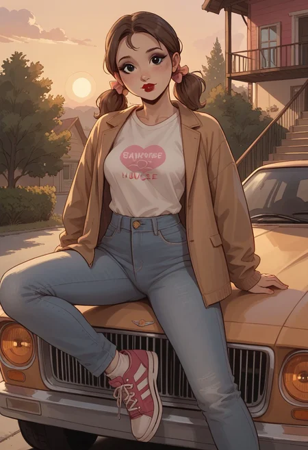 score_9, score_8_up, score_7_up, 1girl, solo, looking at viewer, fani, (adult body:1.2), perfect eyes, medium round breasts, small butt, narrow waist, narrow hips, brown hair, pigtails, black eyes, face frekcles, makeup, eyeliner, lipstick, shy, ribbon, t-shirt, open jacket, wide jeans, socks, sneakers, posing sensually, staircase of a two-story house in the evening, half-hipped roof, sunset, vintage cars on the street
