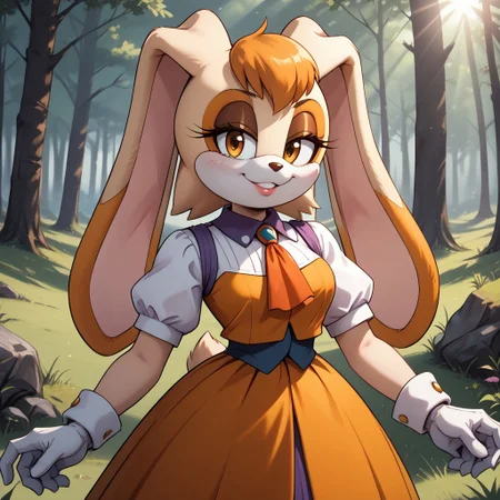 score_9, score_8, BREAK, solo, Vanilla the Rabbit, furry, peach fur, orange tuft of hair, hazel eyes, brown eyeshadow, brown nose, floppy rabbit ears, burgundy-fitted vest with golden buttons, lavender dress, lavender skirt, white gloves, sexy pose, self portrait, smile, outdoors, sunlight, shadows, evening lighting, natural lighting, forest, trees, grass, orange sky, sunset