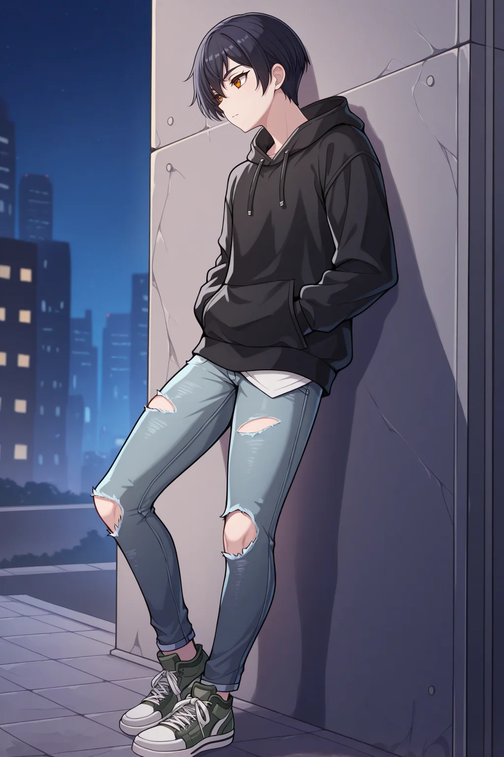 masterpiece, best quality, 1boy, male focus, solo <lora:joshuabright-illu-nvwls-v1-000006:1> scjsha, black hair, short hair, amber eyes, black hoodie, torn jeans, sneakers, leaning against wall, city, alleyway, night