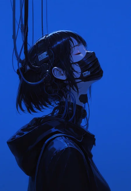 1girl, solo, blue background, black hair, facemask, mouth mask, blue theme, simple background, head back, closed eyes, upper body, hood, from side, short hair, profile, hood down, wires, cables, connected, wires connected to head, detailed lighting, kodachrome, masterpiece, best quality, (ultra detailed), high quality, very aesthetic, 8k, newest, aetrnm2