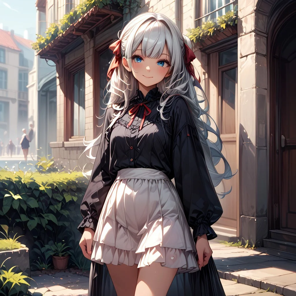 score_9, score_8_up, score_7_up, score_6_up,
a beautiful anime girl with long white hair and long black dress standing in a stone archway, 1girl, solo, blue eyes, long hair, long sleeves, white socks, smile, black hair, white skirt, socks, blush, looking at viewer, outdoors, ribbon, skirt, frills, shirt, black shirt, closed mouth, red ribbon, bangs, day, standing, hair ribbon, kneehighs