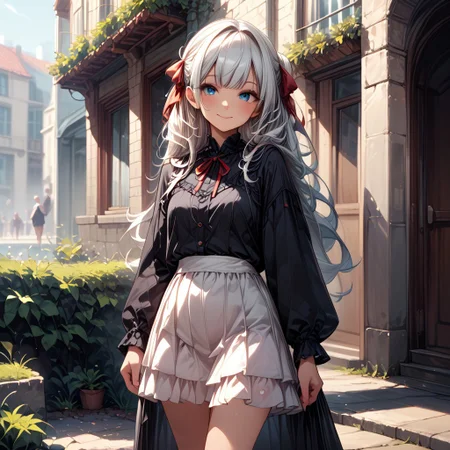 score_9, score_8_up, score_7_up, score_6_up,
a beautiful anime girl with long white hair and long black dress standing in a stone archway, 1girl, solo, blue eyes, long hair, long sleeves, white socks, smile, black hair, white skirt, socks, blush, looking at viewer, outdoors, ribbon, skirt, frills, shirt, black shirt, closed mouth, red ribbon, bangs, day, standing, hair ribbon, kneehighs