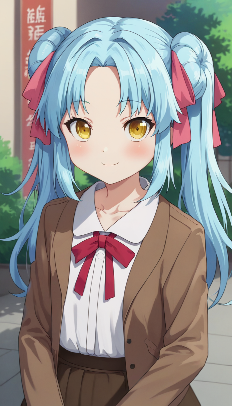 score_9,score_8_up,masterpiece,best quality,correct anatomy,anime_source,1girl,solo,perfect eyes,perfect arms,perfect legs,perfect face,outdoors,upper body,(portrait:1.5),looking at viewer,facing viewer,smile,blush,Ghutatan,long hair,blue hair,double bun,twintails,hair bow,hair ribbon,pink ribbon,sidelocks,hair between eyes,parted bangs,yellow eyes,collarbone,brown jacket,open jacket,red ribbon,neck ribbon,white shirt,collared shirt,white sailor collar,flat chest,long sleeves,brown skirt,frilled skirt,white socks,loafers,<lora:Ghutatan(hns)-Pony:1.4>,