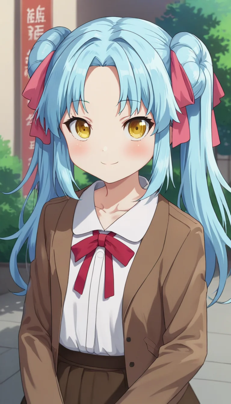 score_9,score_8_up,masterpiece,best quality,correct anatomy,anime_source,1girl,solo,perfect eyes,perfect arms,perfect legs,perfect face,outdoors,upper body,(portrait:1.5),looking at viewer,facing viewer,smile,blush,Ghutatan,long hair,blue hair,double bun,twintails,hair bow,hair ribbon,pink ribbon,sidelocks,hair between eyes,parted bangs,yellow eyes,collarbone,brown jacket,open jacket,red ribbon,neck ribbon,white shirt,collared shirt,white sailor collar,flat chest,long sleeves,brown skirt,frilled skirt,white socks,loafers,<lora:Ghutatan(hns)-Pony:1.4>,