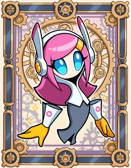 masterpiece, best quality, amazing quality, very detailed, newest, no humans, solo, WnKrbSs, pink hair, blue eyes, colored sclera, pale skin, floating hands, floating head, white shirt, headband, hood, gray skirt, yellow gloves, looking at viewer, full body, abstract background, (gear motif, gears, cogs), pink motif, dynamic pose, steampunk, shiny, frame, sparkles, machinery, <lora:ba1328b4-66eb-4282-9436-0028ccf88215:0.9>