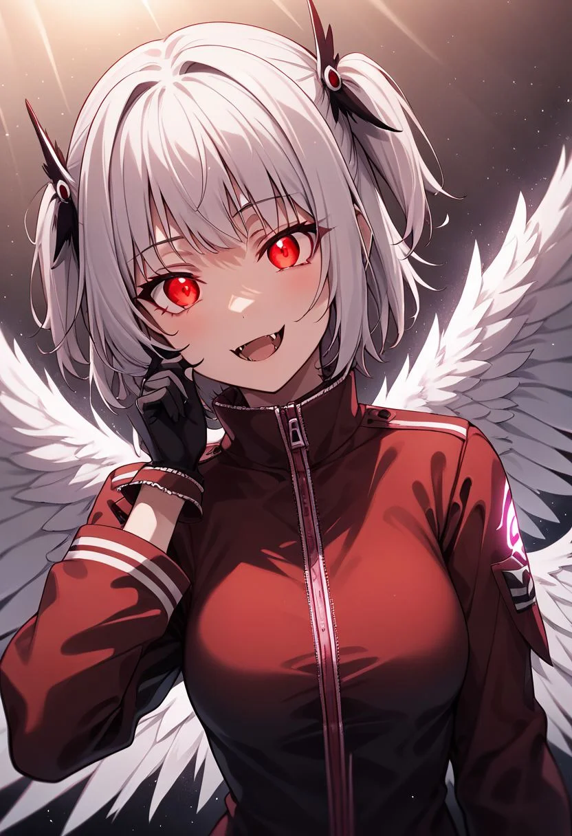 osgndkz, 1girl, solo, wings, red eyes, looking at viewer, long sleeves, smile, open mouth, upper body, fangs, bangs, :d, feathered wings, short hair, hand up, breasts, hair ornament, glowing, white wings, gloves, zipper pull tab, hair intakes, black gloves, angel wings, two side up, zipper, white hair, jacket, medium breasts, light particles, zPDXL