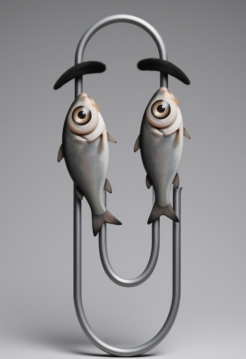 w1z_f15h3y3. Image of clippy with large eyes. Instead of eyes, two large silver fish are held across his face