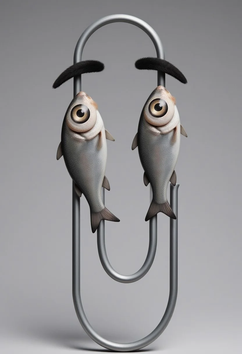 w1z_f15h3y3. Image of clippy with large eyes. Instead of eyes, two large silver fish are held across his face