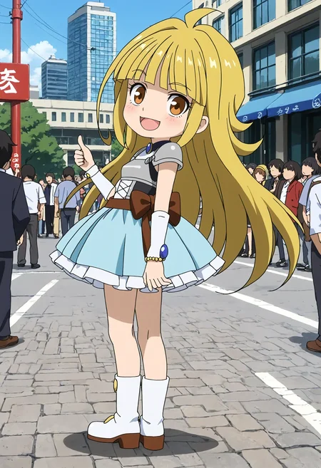 <lora:Hyper-SDXL-8steps-lora:1> <lora:Fixhands_anime_bdsqlsz_V1:1> zPDXL2, score_9, score_8_up, score_7_up, source_anime, intricate details, perfect anatomy BREAK
outdoors, city, tokyo, japan, audience, crowd, standing ,thumbs up, from side,  looking at viewer,  head tilt, Happy,  wide smile with raised cheeks and crow's feet around the eyes., 1girl, solo, solo focus, 
<lora:driland-mikoto_XL(pony)v10:1> (chibi:0.6), driland-mikoto, blonde hair, long hair, brown eyes, driland-mikoto outfit, armored dress, breastplate, detached sleeves, blue skirt, white boots,
