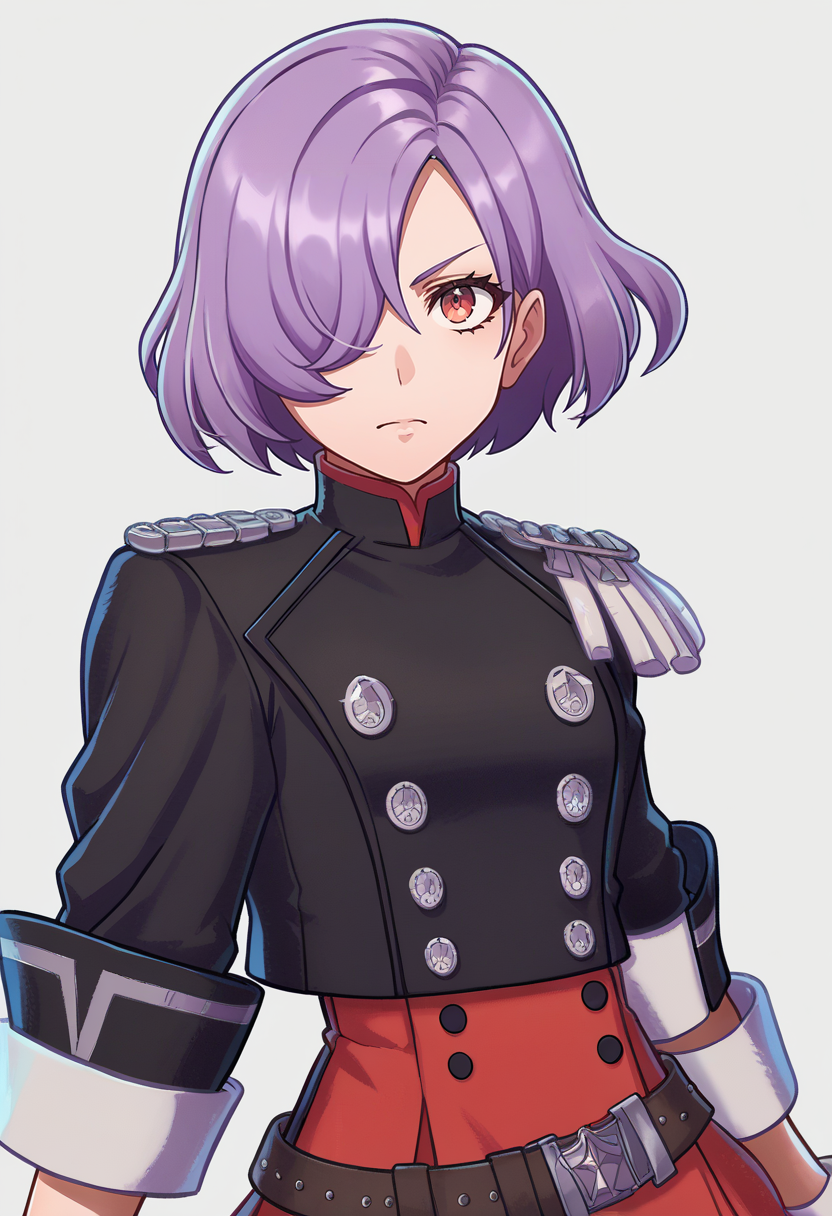 score_9, score_8_up, score_7_up, source_anime BREAK 1girl, solo,
<lora:zs_EngagePortraitsXL:1> engageportraits, portrait, white background
<lora:zs_ErinaXL:1> erinap5t, short hair, hair over one eye, purple hair, black jacket, epaulets, belt, red skirt, gloves