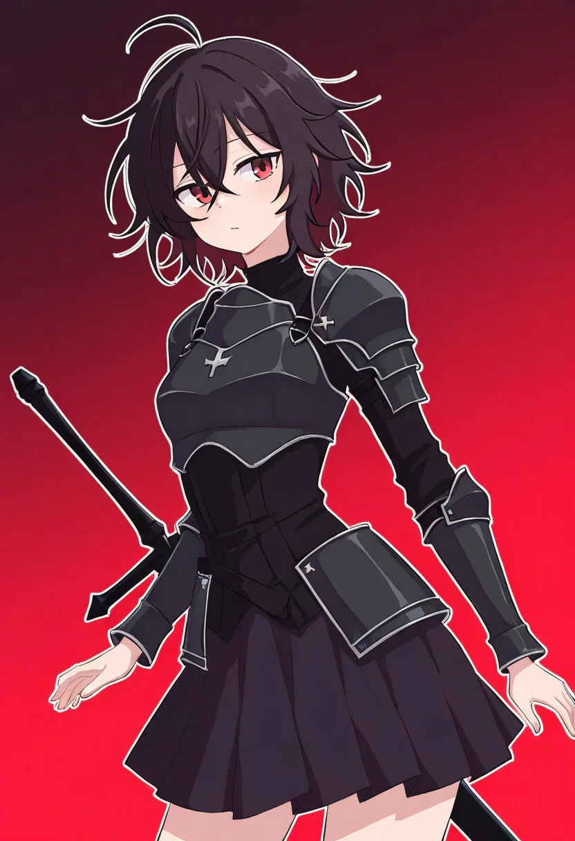 score_9, score_8_up, score_7_up, score_6_up, score_5_up, 1girl, short black messy hair, red eyes, black chest plate, skirt made of black steel, black sword, (<OddlySmutty_style>)