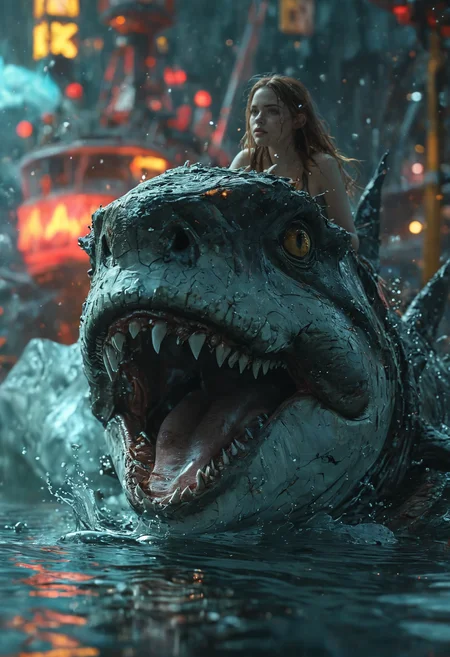 amazing quality, masterpiece, best quality, hyper detailed, ultra detailed, UHD, perfect anatomy, portrait, dof, hyper-realism, majestic, awesome, inspiring, sexy mermaid infront of neon giant megalodon shark in space water, cinamatic composition, soft shadows, national geographic style <lora:add-detail-xl:1> <lora:MJ52:0.5>
