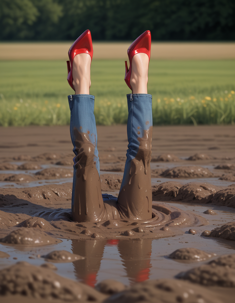 score_9, score_8_up, score_7_up, score_6_up, score_5_up, score_4_up, 1girl, solo, hud_b0tt0msup, red stiletto high heels, pants, crotch, feet, facing viewer <lora:bottomsup:1>, mud