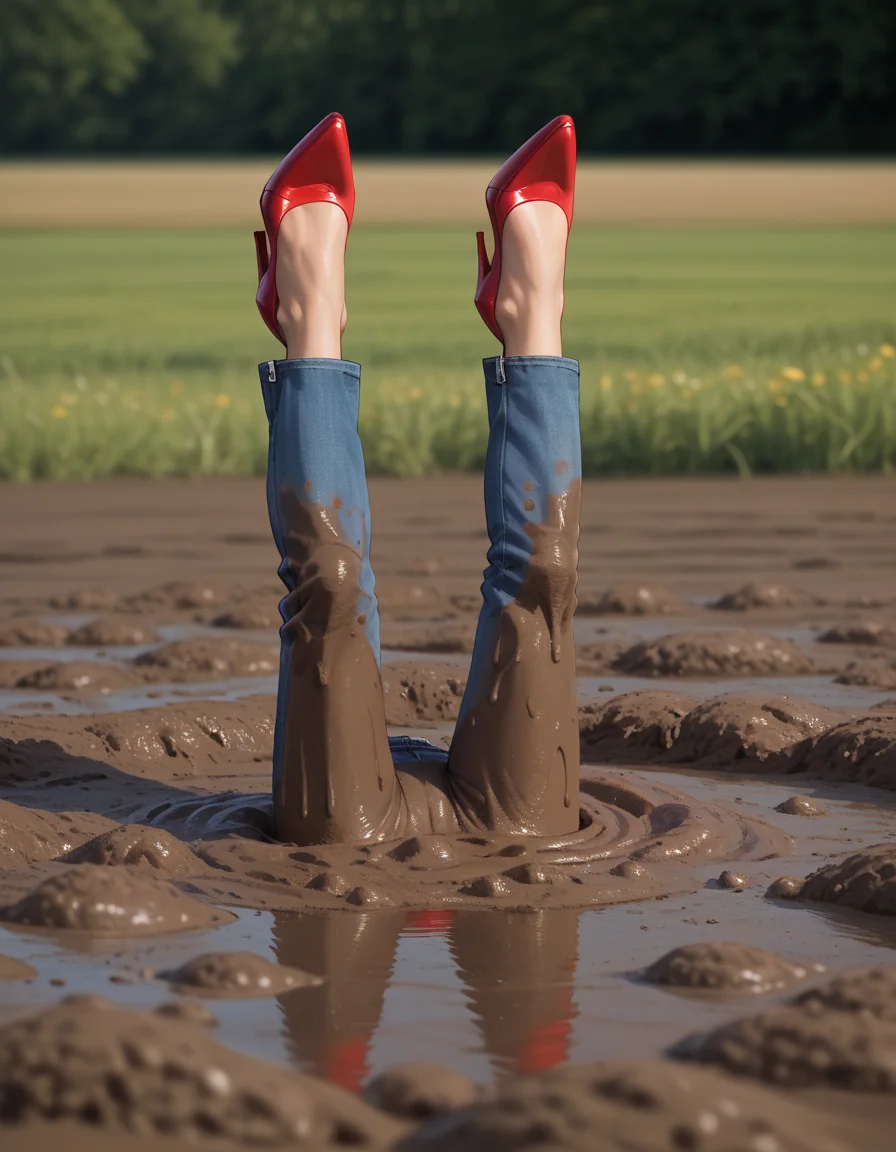 score_9, score_8_up, score_7_up, score_6_up, score_5_up, score_4_up, 1girl, solo, hud_b0tt0msup, red stiletto high heels, pants, crotch, feet, facing viewer <lora:bottomsup:1>, mud