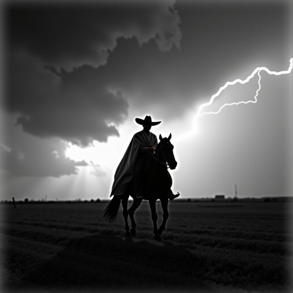 <lora:Mexican Noir Style-flux:1> mxnoirsty, black and white, dark,  The Charro and the Storm (Captured on a 1940s Speed Graphic, Strong Side Lighting for a Dramatic Silhouette)
Lightning streaks across the sky as a lone charro rides across an open field, his silhouette sharp against the turbulent clouds. His serape billows behind him, and the gleam of his silver spurs catches the last light of day. The approaching storm adds tension to the scene, as if the very land is alive with anticipation. Shot with a Speed Graphic camera, the long exposure captures the raw energy of the moment, emphasizing the drama and power of both man and nature.