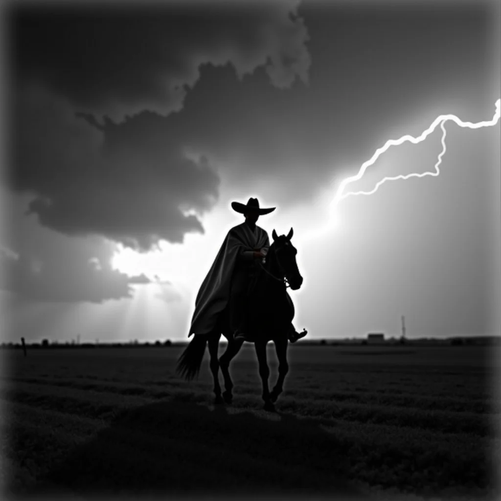 <lora:Mexican Noir Style-flux:1> mxnoirsty, black and white, dark,  The Charro and the Storm (Captured on a 1940s Speed Graphic, Strong Side Lighting for a Dramatic Silhouette)
Lightning streaks across the sky as a lone charro rides across an open field, his silhouette sharp against the turbulent clouds. His serape billows behind him, and the gleam of his silver spurs catches the last light of day. The approaching storm adds tension to the scene, as if the very land is alive with anticipation. Shot with a Speed Graphic camera, the long exposure captures the raw energy of the moment, emphasizing the drama and power of both man and nature.
