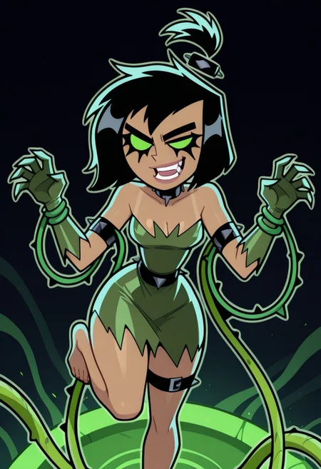 1girl, solo, Possessed Sam Manson, sam manson, black garter, punk hairtie, green tube dress, ragged clothes, green opera gloves, choker, tan skin, small breasts, wide hips, bare collarbone, bare thighs, bare legs, bare feet, cleavage, bare shoulders, runny mascara, solid green eyes, goth girl, barefoot, topknot, short hair, black hair, punk hairtie, wild hair, evil eyes, teasing, sexy, posing, tendrils