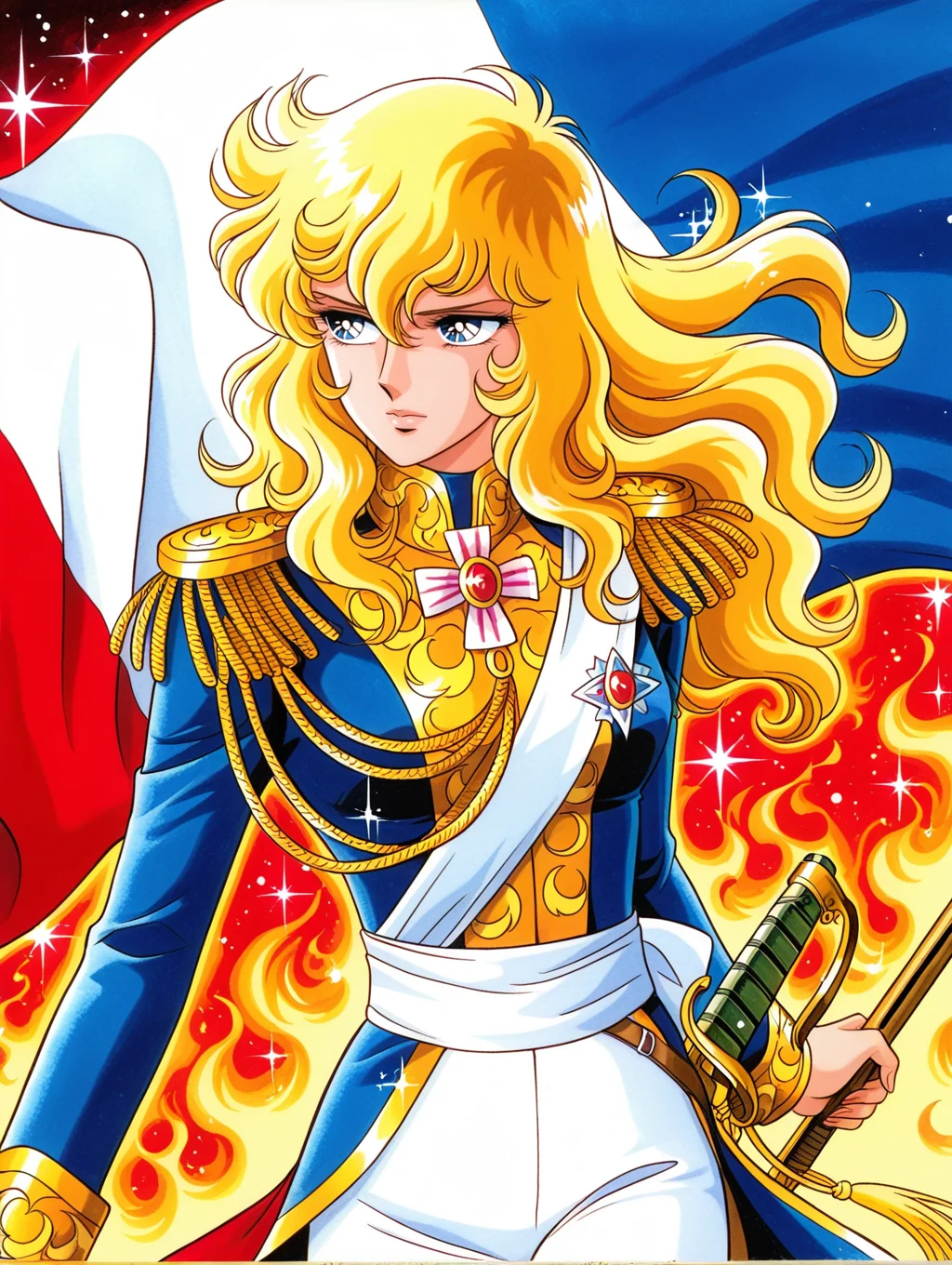 retro artstyle, 1970s \(style\), 1girl, looking to the side, oscar francois de jarjayes, solo, shotgun, gold epaulettes, french flag, holding flag, holding shotgun, white sash, traditional media, white pants, gold aiguillette, rapier sheath, sparkle, fiery background, blue coat, blue military uniform,
masterpiece,best quality,amazing quality,very aesthetic,absurdres,newest,<lora:oscar_francois_de_jarjayes illusXL v1:0.72>,
