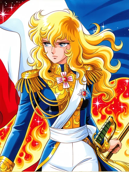retro artstyle, 1970s \(style\), 1girl, looking to the side, oscar francois de jarjayes, solo, shotgun, gold epaulettes, french flag, holding flag, holding shotgun, white sash, traditional media, white pants, gold aiguillette, rapier sheath, sparkle, fiery background, blue coat, blue military uniform,
masterpiece,best quality,amazing quality,very aesthetic,absurdres,newest,<lora:oscar_francois_de_jarjayes illusXL v1:0.72>,