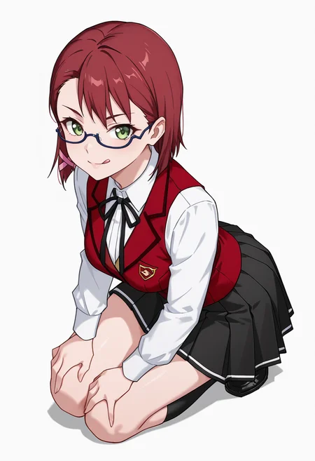 Smooth Quality,masterpiece,very intricate, high quality details, ultra realistic, high detailed skin,detailed enviorement,absurdres,
<lora:Dina_Sera_CNR:0.8> dina_cnr, red hair, short hair, asymmetrical bangs, green eyes,semi-rimless eyewear, medium breasts,hair ribbon,school uniform,white shirt, collared shirt, red vest,black skirt, pleated skirt, long sleeves, kneehighs, black socks, black footwear,neck ribbon,, simple background, white background, from above,
half-kneeling position, one knee down, other foot flat, hands on thighs ,, :q,