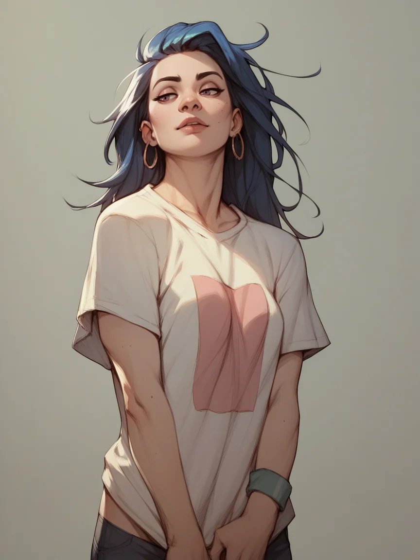 score_9, score_8_up, score_7_up, score_6_up, score_5_up, <lora:h4d3sXLP:1> h4d3s, 1girl, t-shirt,