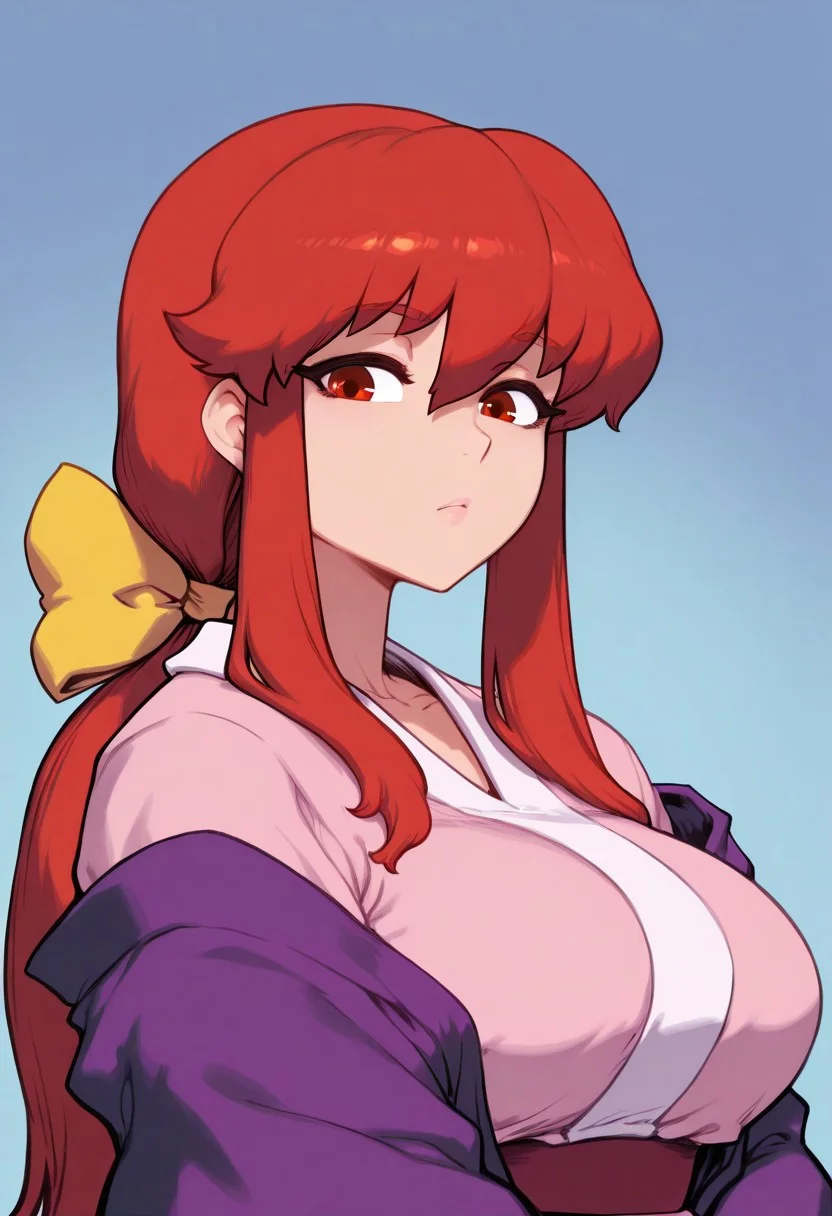masterpiece, best quality, absurdres, colorful, aesthetic, mrporty, g0thic, [spacezin:0.3], (hungry clicker:0.6), [cutesexyrobutts:0.9], (blushyspicy:0.8), BREAK, 1girl, solo, kotohime (touhou), kotohime, long hair, red hair, hair between eyes, bangs, sidelocks, low ponytail, hair bow, yellow bow, red eyes