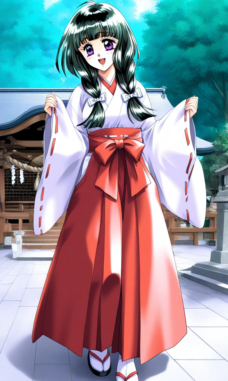 general,highres, ultra-detailed,very aesthetic,best quality ,best hands, BREAK  <lora:Kamiyama_Miko_kakyuusei_Ver2.0_IS:1>Kamiyama_Miko(kakyuusei), 1girl, solo, dark green hair,, long hair, purple eyes, twin braids, white bow, blunt bangs, hair bow, medium breasts, smile, open mouth,
air over shoulder, miko, japanese clothes, skirt, hakama, red hakama, hakama skirt, long sleeves, day, outdoors, wide sleeves, shrine, tabi, standing, cowboy_Shot, tree,