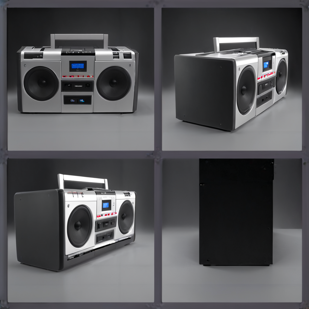 <lora:Everly_Heights_Prop_Generator:1.2> a 1990s boom box stereo (front, back, side:1.2)