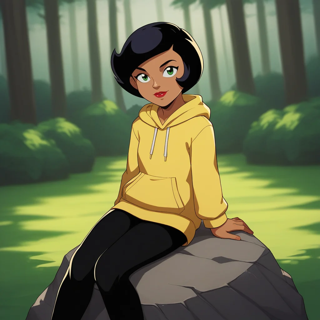 score_9_up, score_8_up, BREAK, Megan, 1girl, solo, black hair, short hair, green eyes, dark skin, lipstick, yellow hoodie, black leggings, <lora:Megan_SpieZ_PXL_Leaf4:1>, outdoors, depth of field, looking at viewer, forest, sitting on rock,