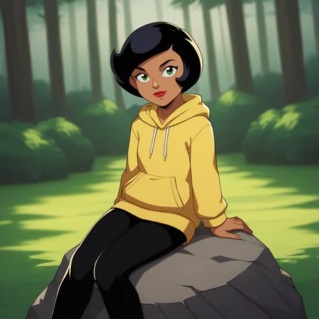 score_9_up, score_8_up, BREAK, Megan, 1girl, solo, black hair, short hair, green eyes, dark skin, lipstick, yellow hoodie, black leggings, <lora:Megan_SpieZ_PXL_Leaf4:1>, outdoors, depth of field, looking at viewer, forest, sitting on rock,