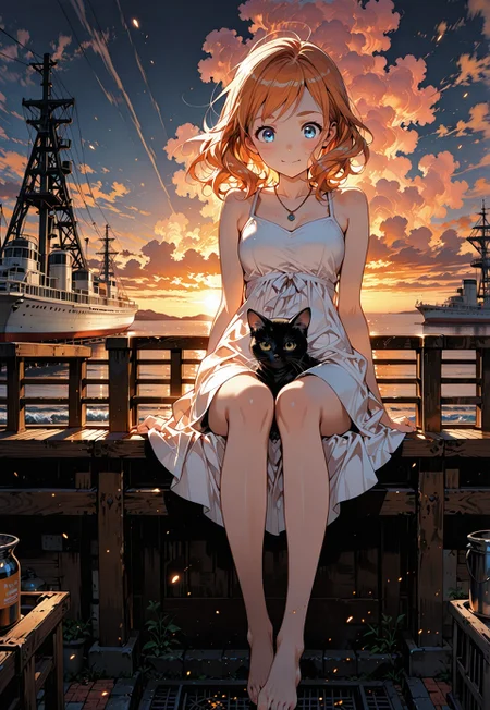 safe_pos, score_9, score_8_up, score_7_up, masterpiece, 1girl, warm colors,
MythAn1m3, BREAK 

A woman sits on the seafront, playing with a little black stray cat in her lap,

She's a beautiful 20 years old girl, long, wavy ginger hair and blue eyes, hair in front of her face, ginger eyebrows, cute beautiful face, freckles, small pretty nose, small mouth, modest chest,

She wears a light flowing summer dress flying in the wind, one shoulder off, homemade necklace, thin waist, thin legs, barefoot, 

Her expression is a mix of joy and surprise as she plays with the kitten. Looks down to kitten, kitten looking back up to her,

The landscape is vast and open bathed in the golden glow pink clouds, industrial docks, harbour cranes, large container ships, rocks. 

wind pulling at her clothes and strands of hair, dust and light particles caught in the sunset’s warm hues, cinematic and slightly dreamy atmosphere.